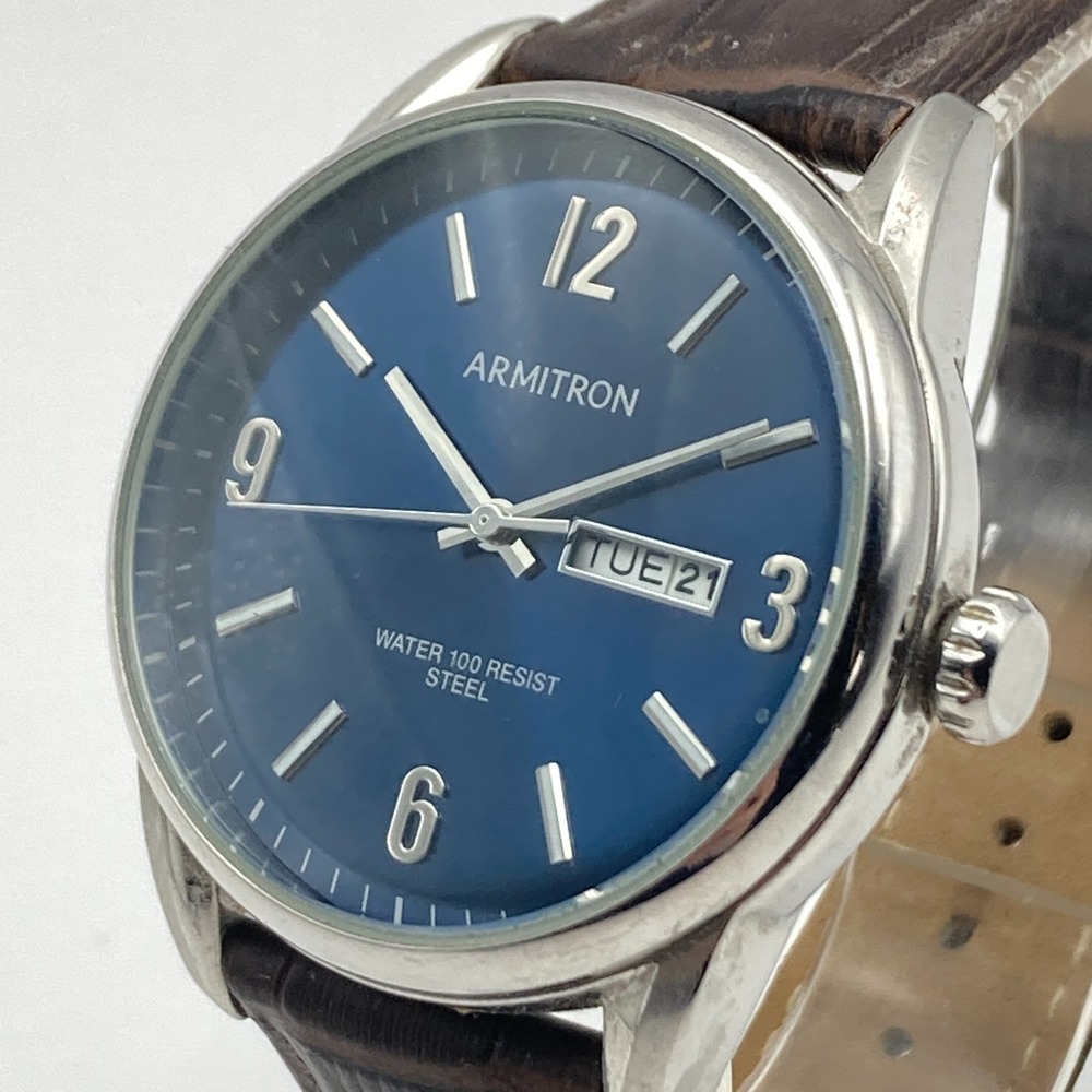 Armitron Mens Watch 40mm Silver Tone Day Date Blue Dial 30M New Battery 9.25"
